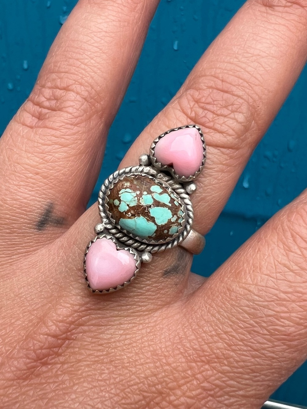 Turquoise and Pink Conch Heart Ring
